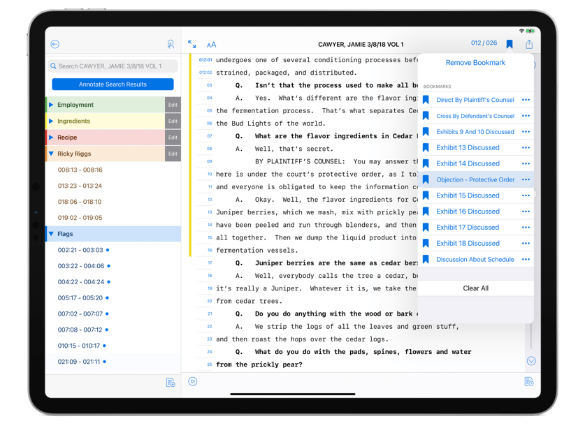 TranscriptPad Software Screenshot with Bookmarks Feature