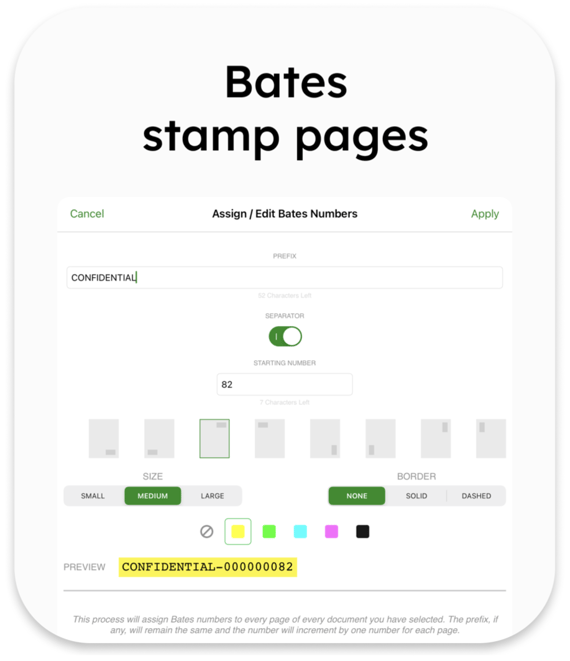 Bates stamping dialog with prefix, placement, size, color, and border