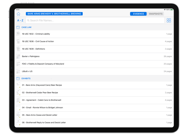 ExhibitsPad Software Screenshot with Exhibit List Feature