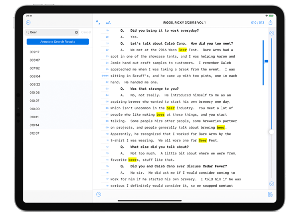 TranscriptPad Software Screenshot with Search Hits Feature