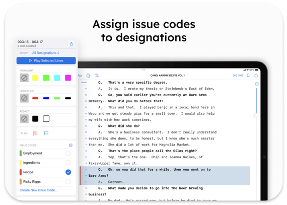 iPad showing TranscriptPad popover to highlight, underline, and create issue codes