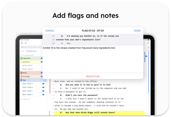 iPad showing TranscriptPad popover to create a flag and add a note to the transcript